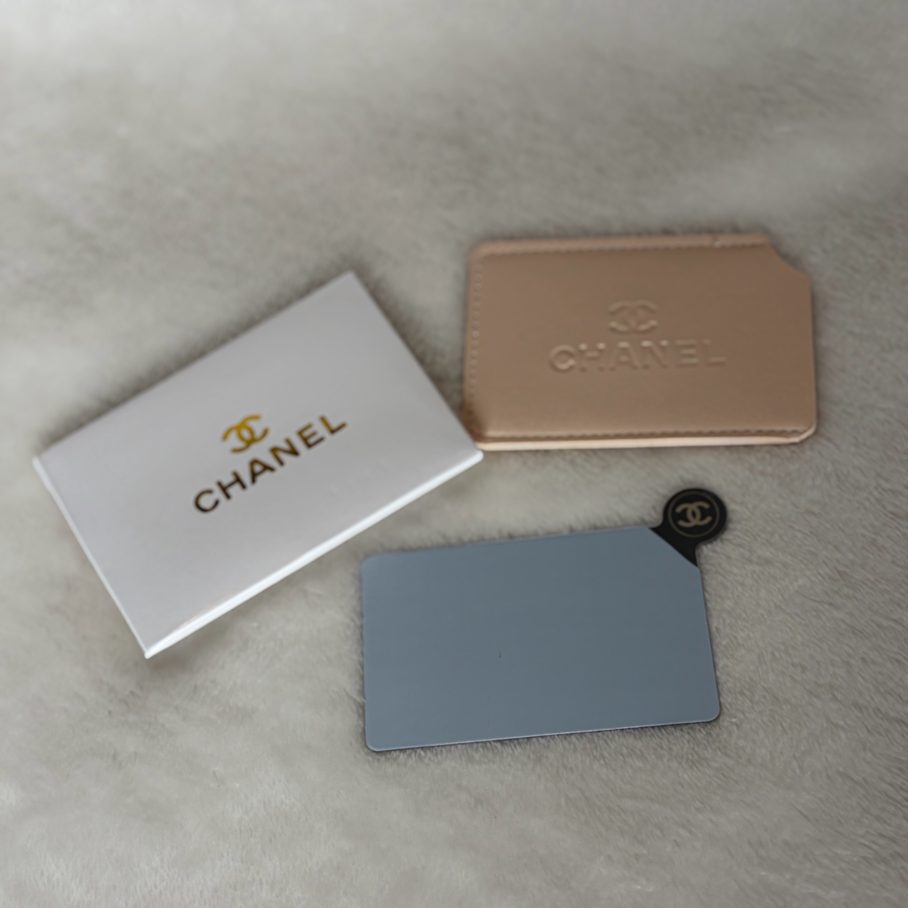 Chanel Beige Leather Card Holder With Cream Box And Gray Card